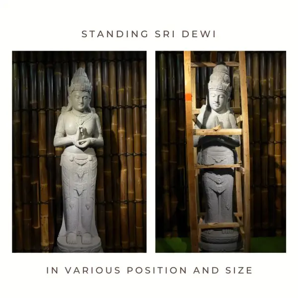 Product image 1 of the product “Standing Sri Dewi, Folded hands and Turning the wheels models, sizes 160cm and 175cm, Natural finish ”